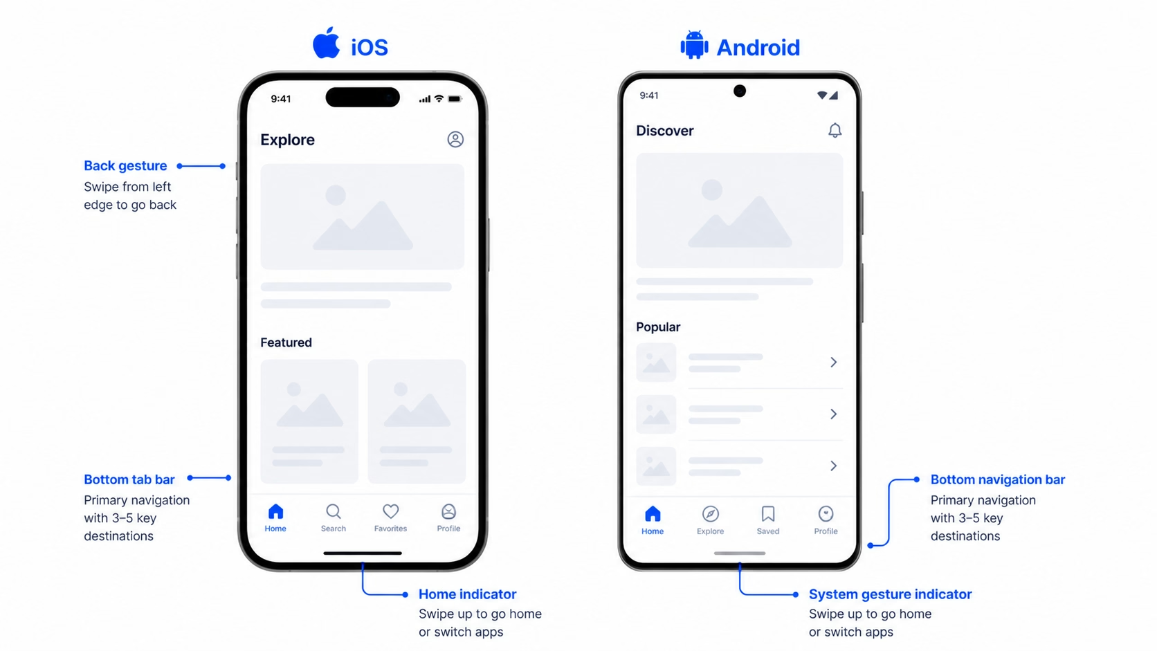 iOS and Android navigation conventions side by side